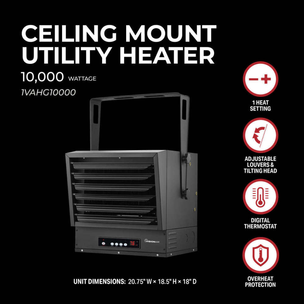 20.5 In. 10000W 9478 Btu 2000 Sq-Ft. Ceiling Mount Heater 1VAHG10000