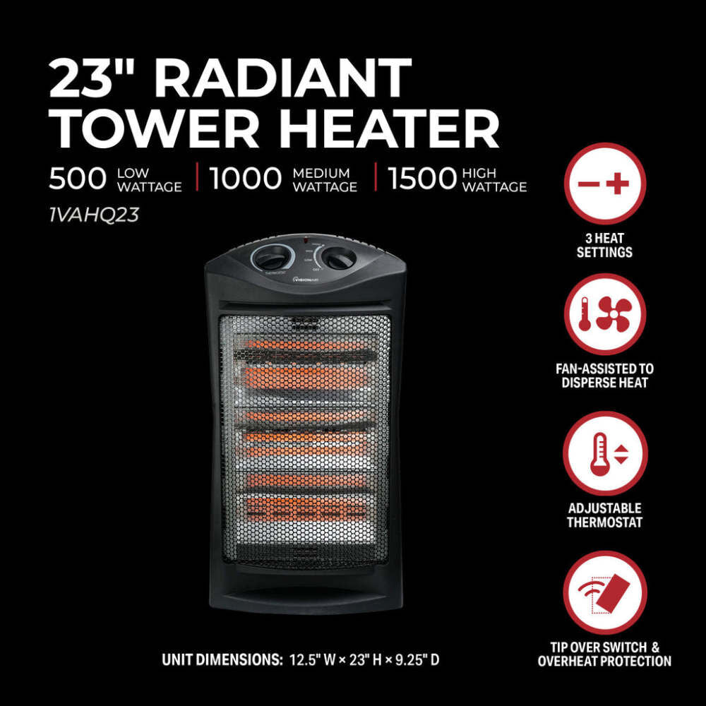 23 In. 750/1500W 5120 Btu 160 Sq-Ft. Radiant Tower Heater 1VAHQ23