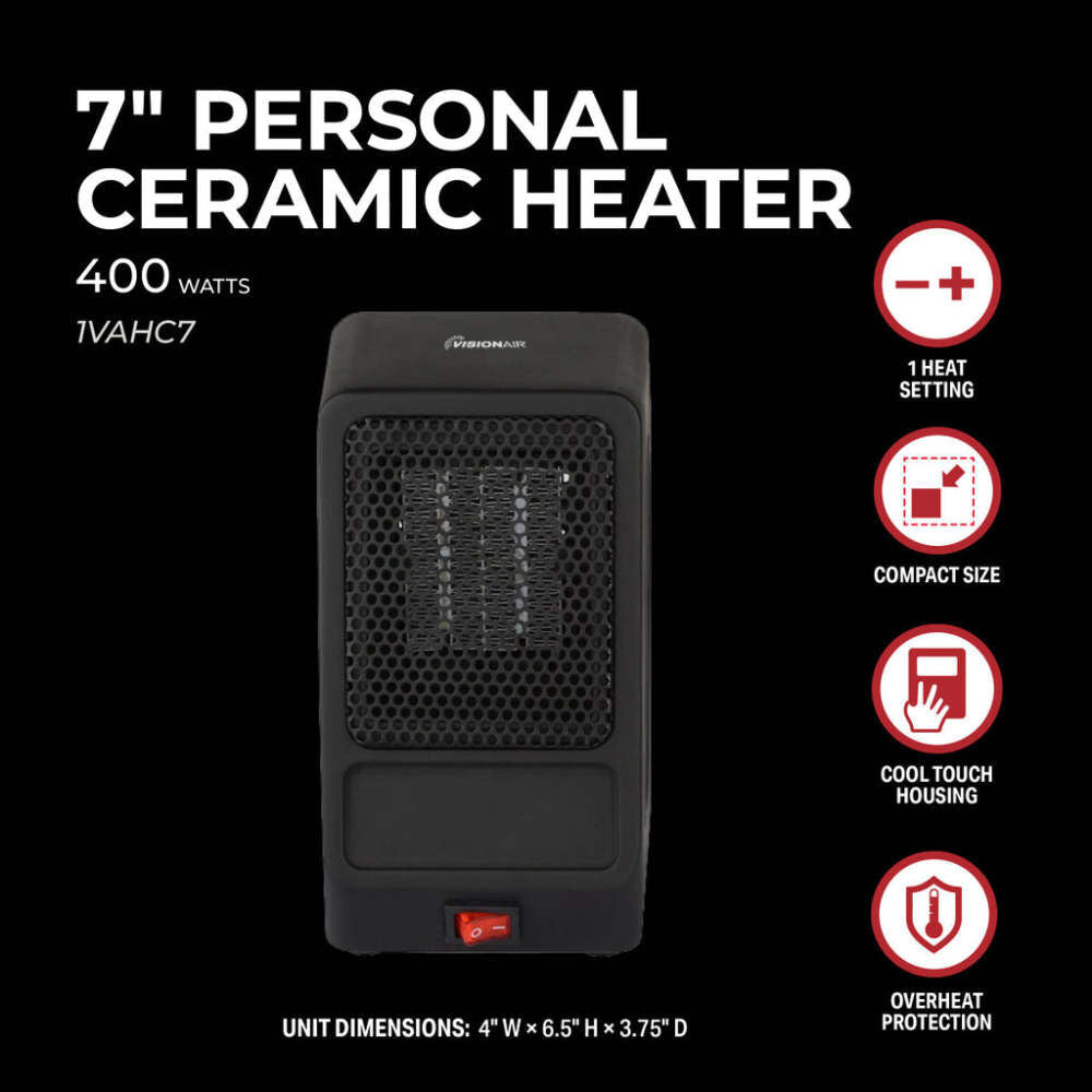 7 In. 400W 1365 Btu 65 Sq-Ft. Personal Ceramic Heater 1VAHC7