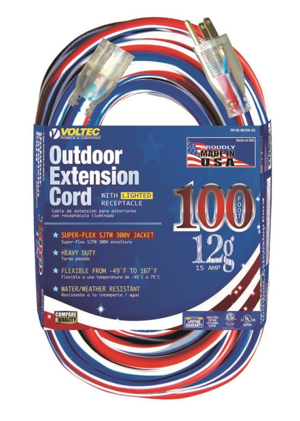 100Ft 12/3 SJTW Red/White/Blue Extension Cord with Lighted Ends 05-00159-US