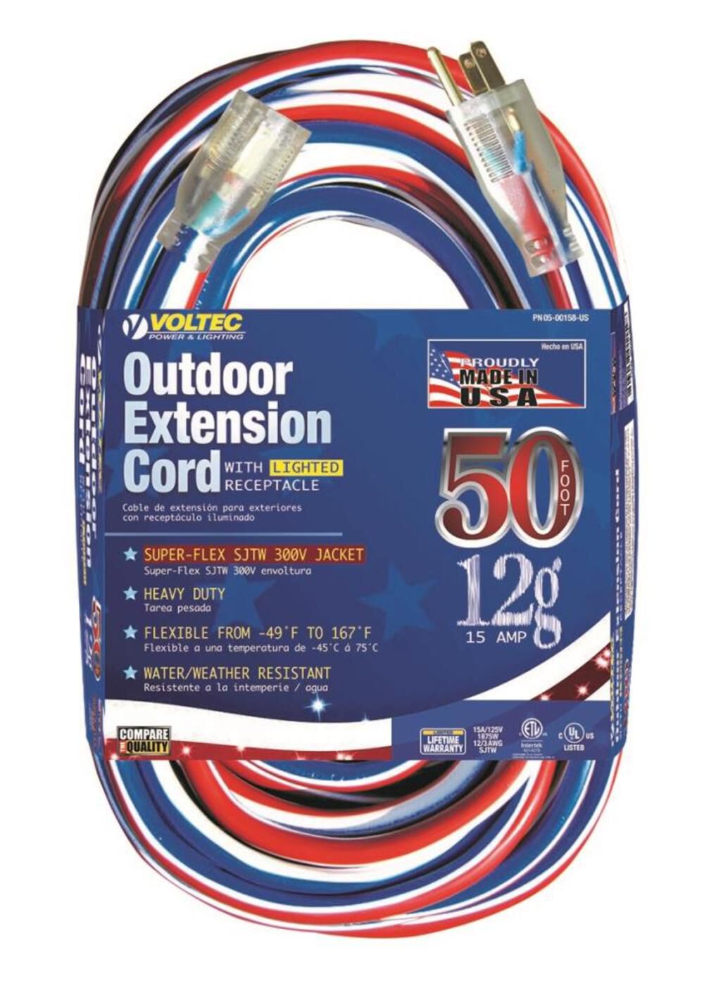 50Ft 12/3 SJTW Red/White/Blue Extension Cord with Lighted Ends 05-00158-US