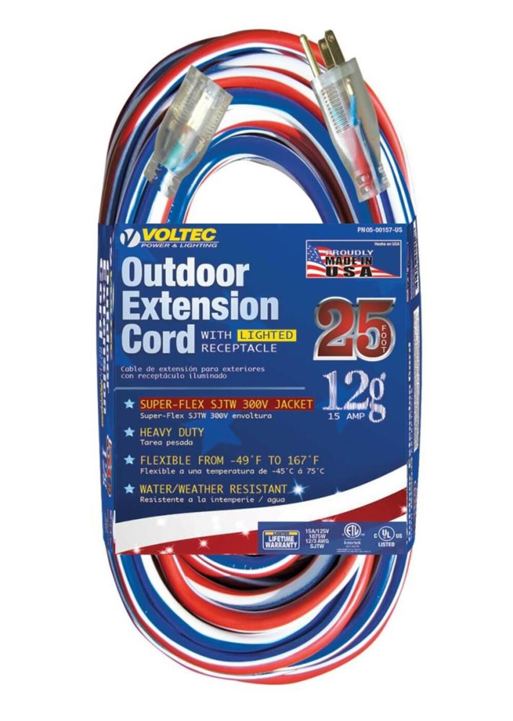 Extension Cord 25' 12/3 SJTW Red/White/Blue with Lighted End 05-00157-US