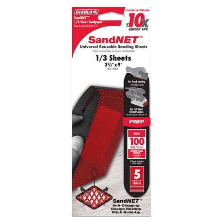 Tools SandNET Sanding Sheet 1/3 Sheet 100 Grit Universal Reusable 5pk DNS323100S05G