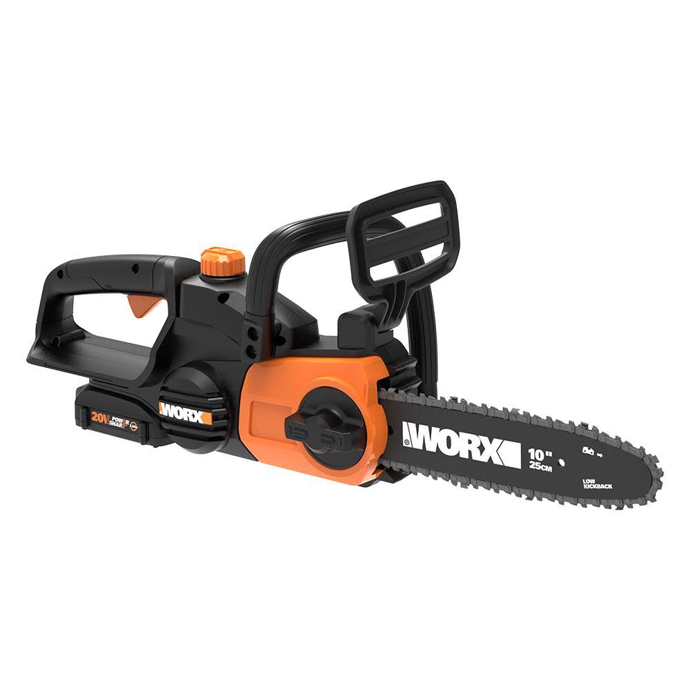 POWER SHARE 20-Volt Li-Ion 10 in. Electric Cordless Chain Saw Auto-Tension Auto-Oiling Battery and Charger Included WG322